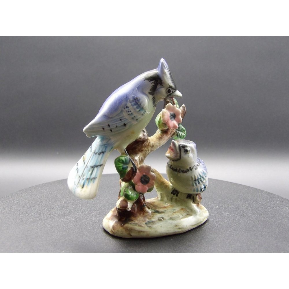 Vintage Blue Jay with Baby Figurine Marked "Blue Jar" 4" H x 3 1/2" W x 2" D